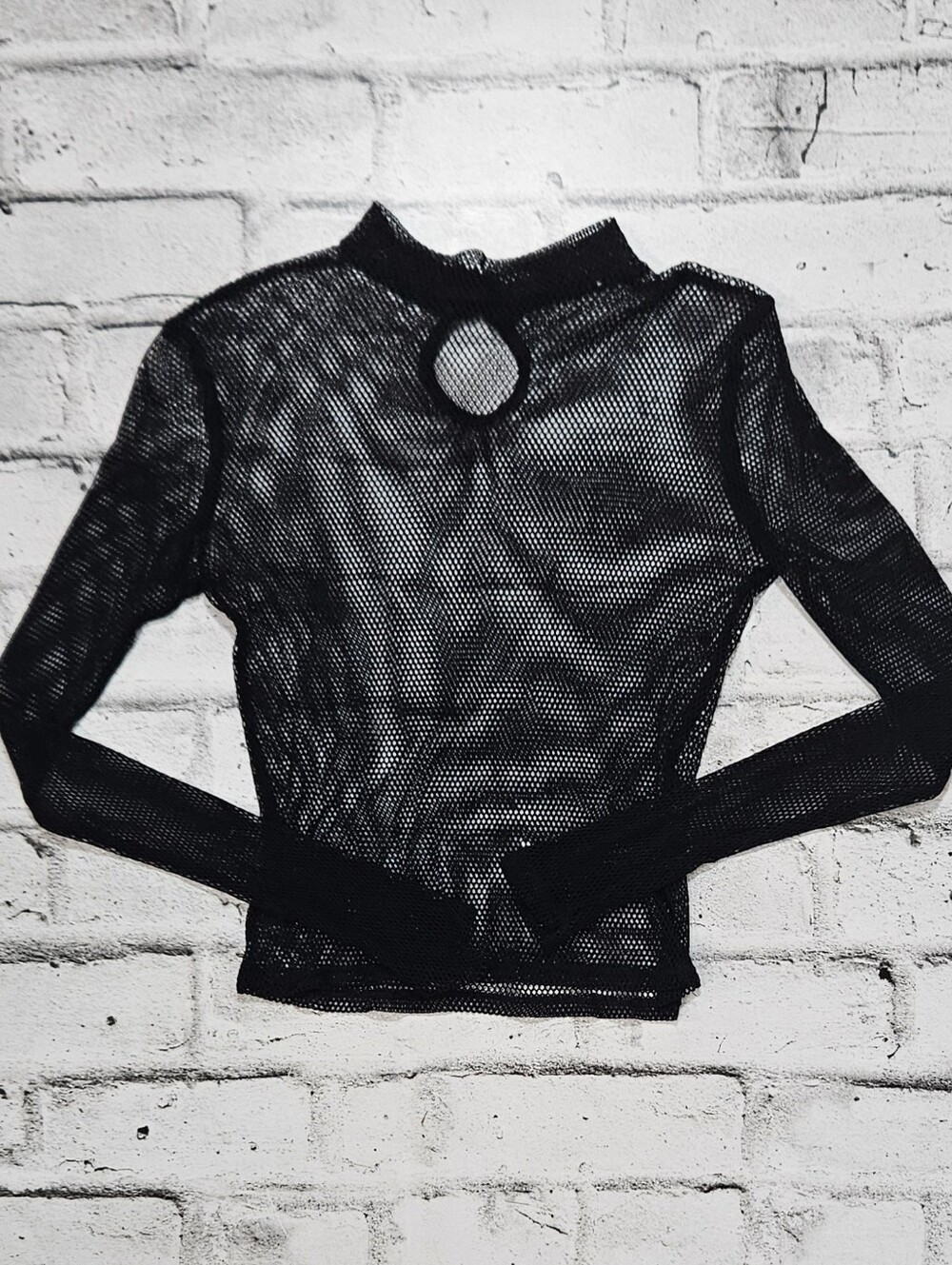 Black Sheer Mesh Long Sleeve Mock Neck Keyhole Top Women's Medium